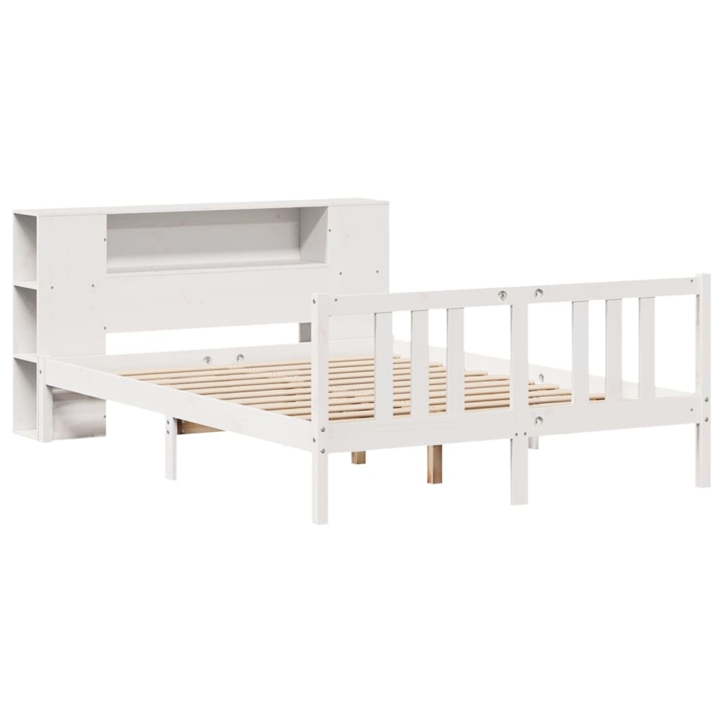 vidaXL Pat cu bibliotecă fără saltea, alb, 140x200 cm, lemn masiv pin vidaXL Pat cu bibliotecă fără saltea, alb, 140x200 cm, lemn masiv pin