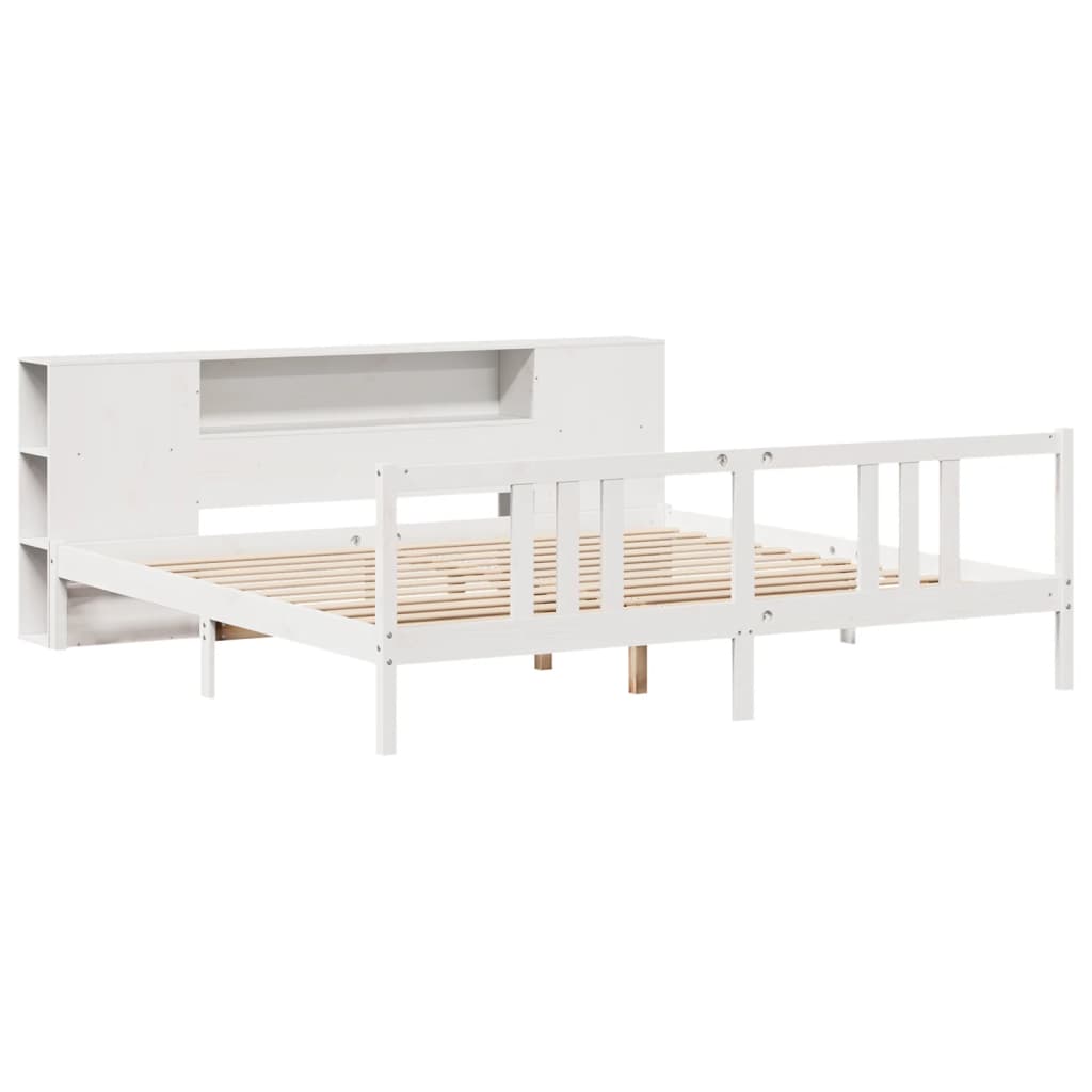 vidaXL Pat cu bibliotecă fără saltea, alb, 200x200 cm, lemn masiv pin vidaXL Pat cu bibliotecă fără saltea, alb, 200x200 cm, lemn masiv pin