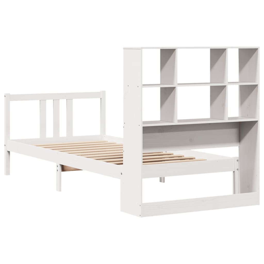 vidaXL Pat cu bibliotecă fără saltea, alb, 90x200 cm, lemn masiv pin vidaXL Pat cu bibliotecă fără saltea, alb, 90x200 cm, lemn masiv pin