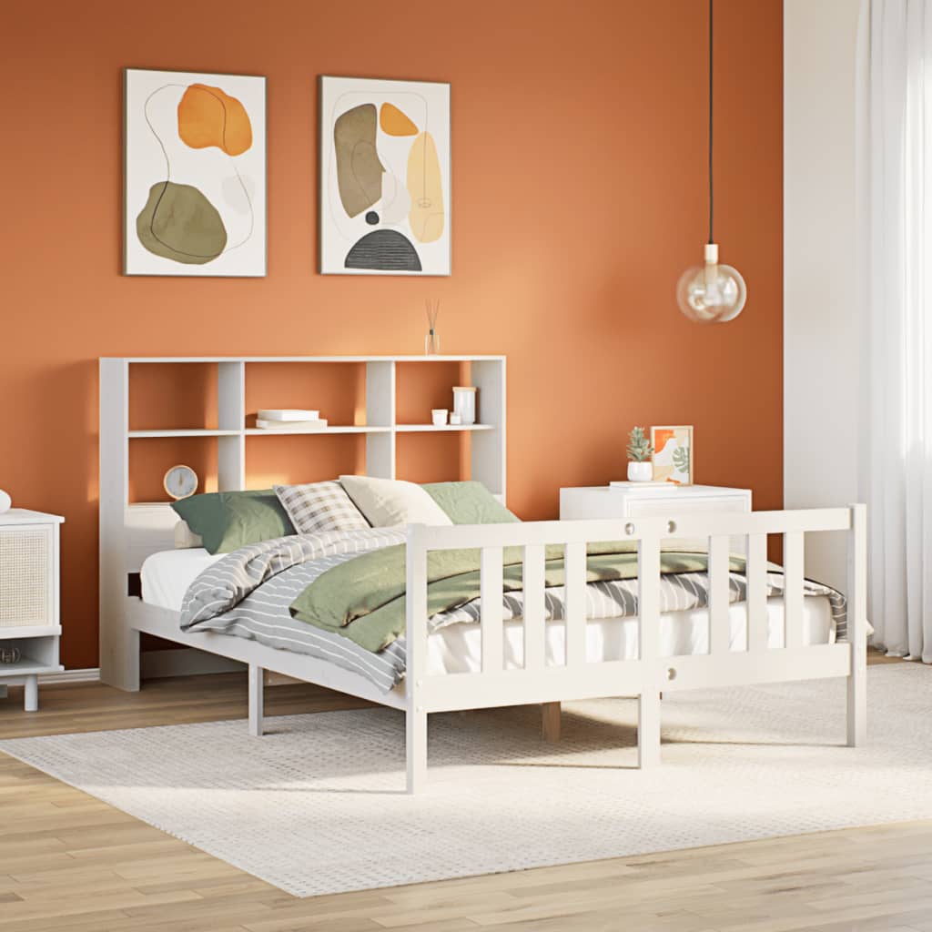 vidaXL Pat cu bibliotecă fără saltea, alb, 140x200 cm, lemn masiv pin vidaXL Pat cu bibliotecă fără saltea, alb, 140x200 cm, lemn masiv pin