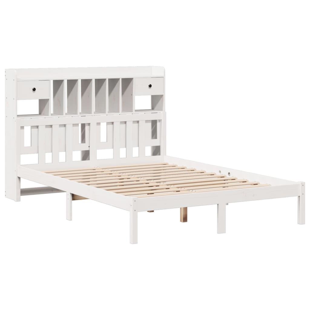 vidaXL Pat cu bibliotecă fără saltea, alb, 140x200 cm, lemn masiv pin vidaXL Pat cu bibliotecă fără saltea, alb, 140x200 cm, lemn masiv pin