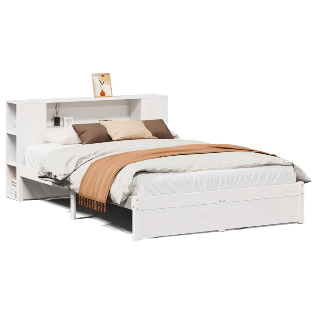vidaXL Pat cu bibliotecă fără saltea, alb, 140x200 cm, lemn masiv pin vidaXL Pat cu bibliotecă fără saltea, alb, 140x200 cm, lemn masiv pin