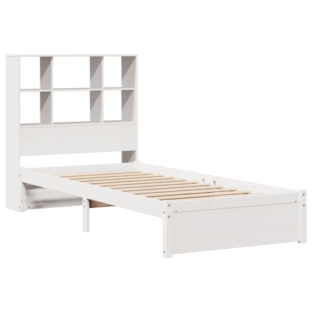 vidaXL Pat cu bibliotecă fără saltea, alb, 90x190 cm, lemn masiv pin vidaXL Pat cu bibliotecă fără saltea, alb, 90x190 cm, lemn masiv pin