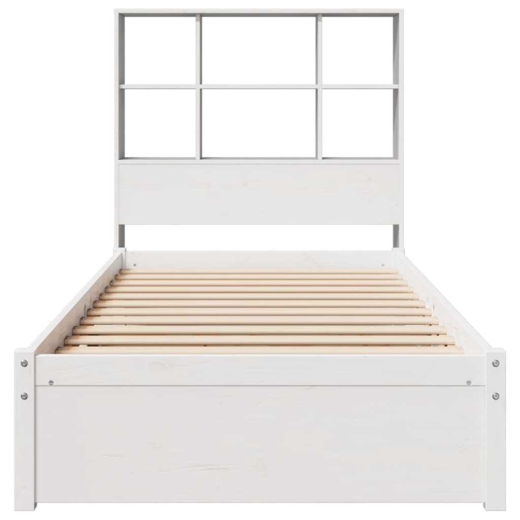 vidaXL Pat cu bibliotecă fără saltea, alb, 90x200 cm, lemn masiv pin vidaXL Pat cu bibliotecă fără saltea, alb, 90x200 cm, lemn masiv pin