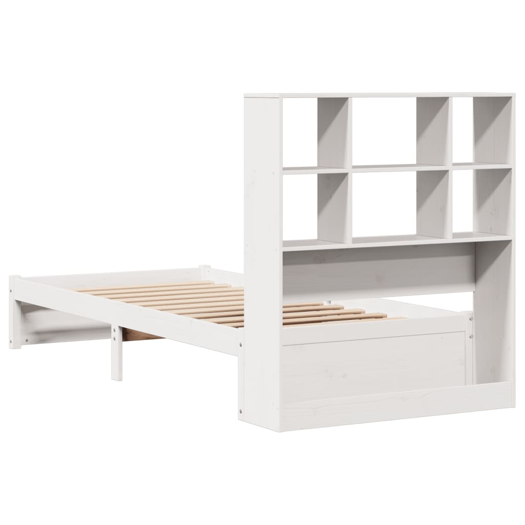 vidaXL Pat cu bibliotecă fără saltea, alb, 90x200 cm, lemn masiv pin vidaXL Pat cu bibliotecă fără saltea, alb, 90x200 cm, lemn masiv pin