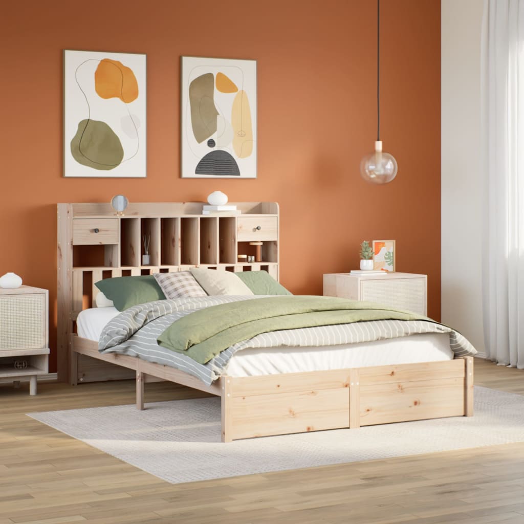 vidaXL Pat cu bibliotecă fără saltea, 140x190 cm, lemn masiv de pin vidaXL Pat cu bibliotecă fără saltea, 140x190 cm, lemn masiv de pin