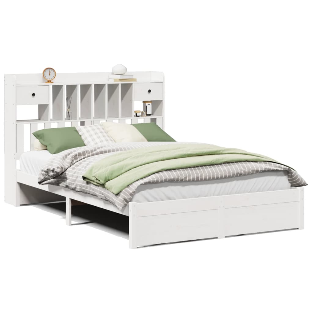 vidaXL Pat cu bibliotecă fără saltea, alb, 140x190 cm, lemn masiv pin