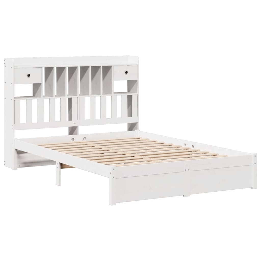 vidaXL Pat cu bibliotecă fără saltea, alb, 140x190 cm, lemn masiv pin