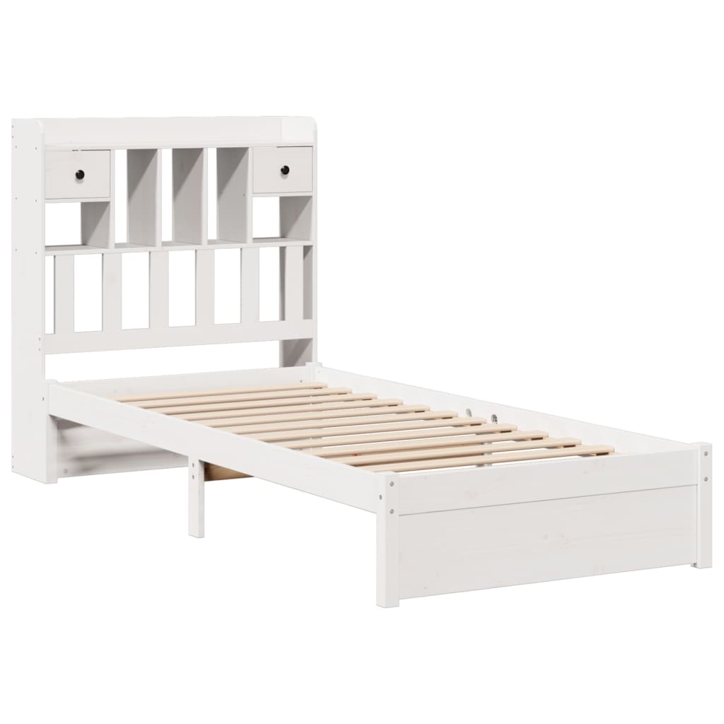 vidaXL Pat cu bibliotecă fără saltea, alb, 90x200 cm, lemn masiv pin vidaXL Pat cu bibliotecă fără saltea, alb, 90x200 cm, lemn masiv pin