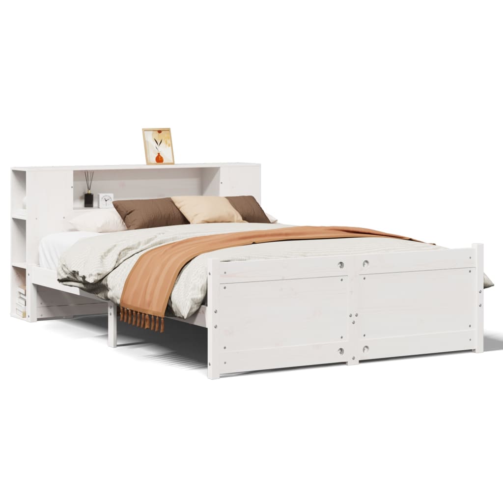 vidaXL Pat cu bibliotecă fără saltea, alb, 135x190 cm, lemn masiv pin vidaXL Pat cu bibliotecă fără saltea, alb, 135x190 cm, lemn masiv pin
