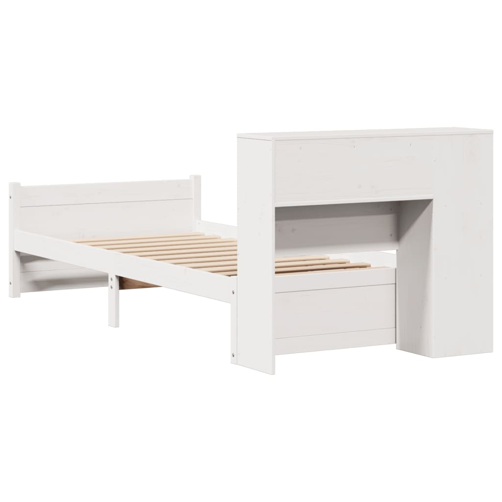 vidaXL Pat cu bibliotecă fără saltea, alb, 75x190 cm, lemn masiv pin vidaXL Pat cu bibliotecă fără saltea, alb, 75x190 cm, lemn masiv pin