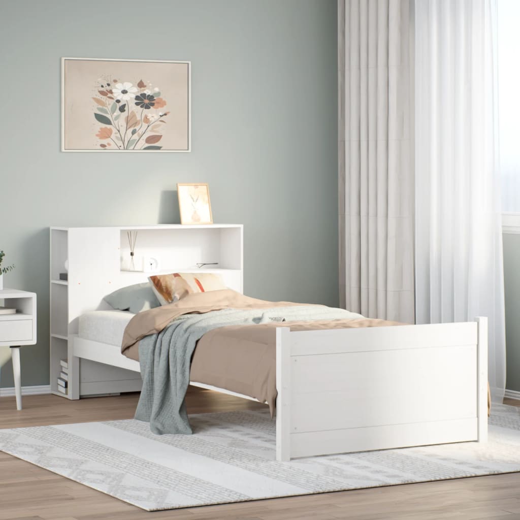 vidaXL Pat cu bibliotecă fără saltea, alb, 75x190 cm, lemn masiv pin vidaXL Pat cu bibliotecă fără saltea, alb, 75x190 cm, lemn masiv pin