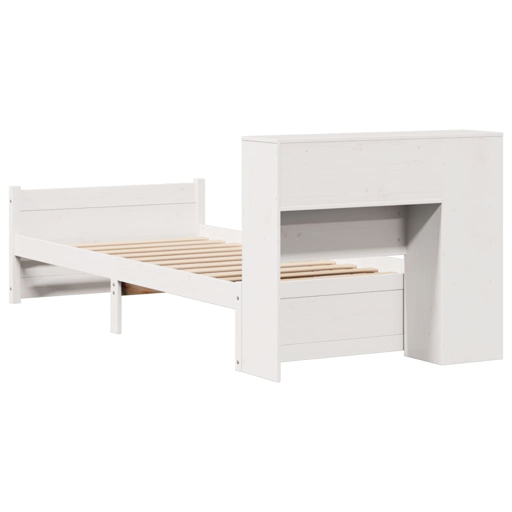 vidaXL Pat cu bibliotecă fără saltea, alb, 100x200 cm, lemn masiv pin vidaXL Pat cu bibliotecă fără saltea, alb, 100x200 cm, lemn masiv pin