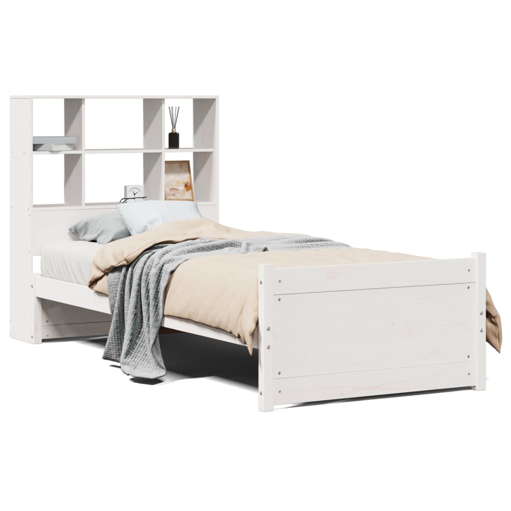 vidaXL Pat cu bibliotecă fără saltea, alb, 90x190 cm, lemn masiv pin