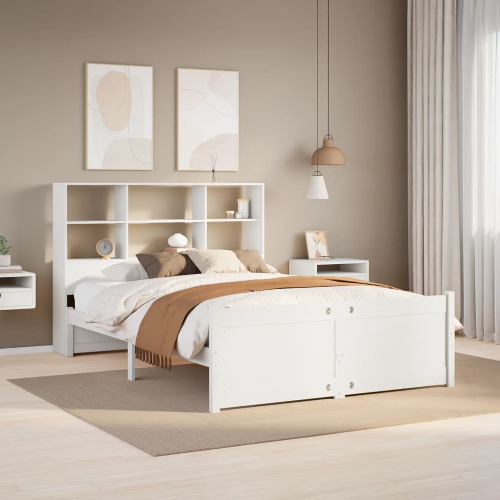 vidaXL Pat cu bibliotecă fără saltea, alb, 140x200 cm, lemn masiv pin vidaXL Pat cu bibliotecă fără saltea, alb, 140x200 cm, lemn masiv pin