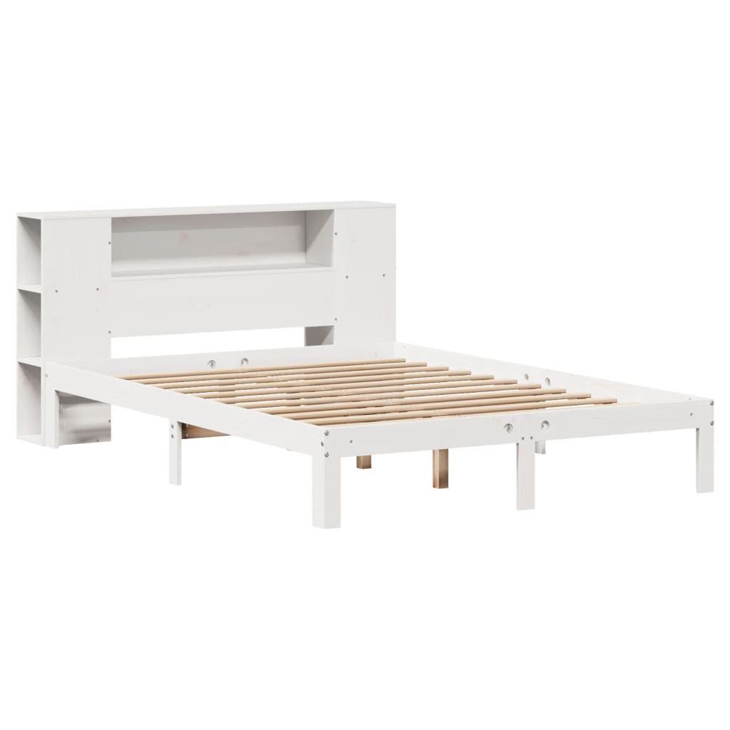 vidaXL Pat cu bibliotecă fără saltea, alb, 150x200 cm, lemn masiv pin vidaXL Pat cu bibliotecă fără saltea, alb, 150x200 cm, lemn masiv pin