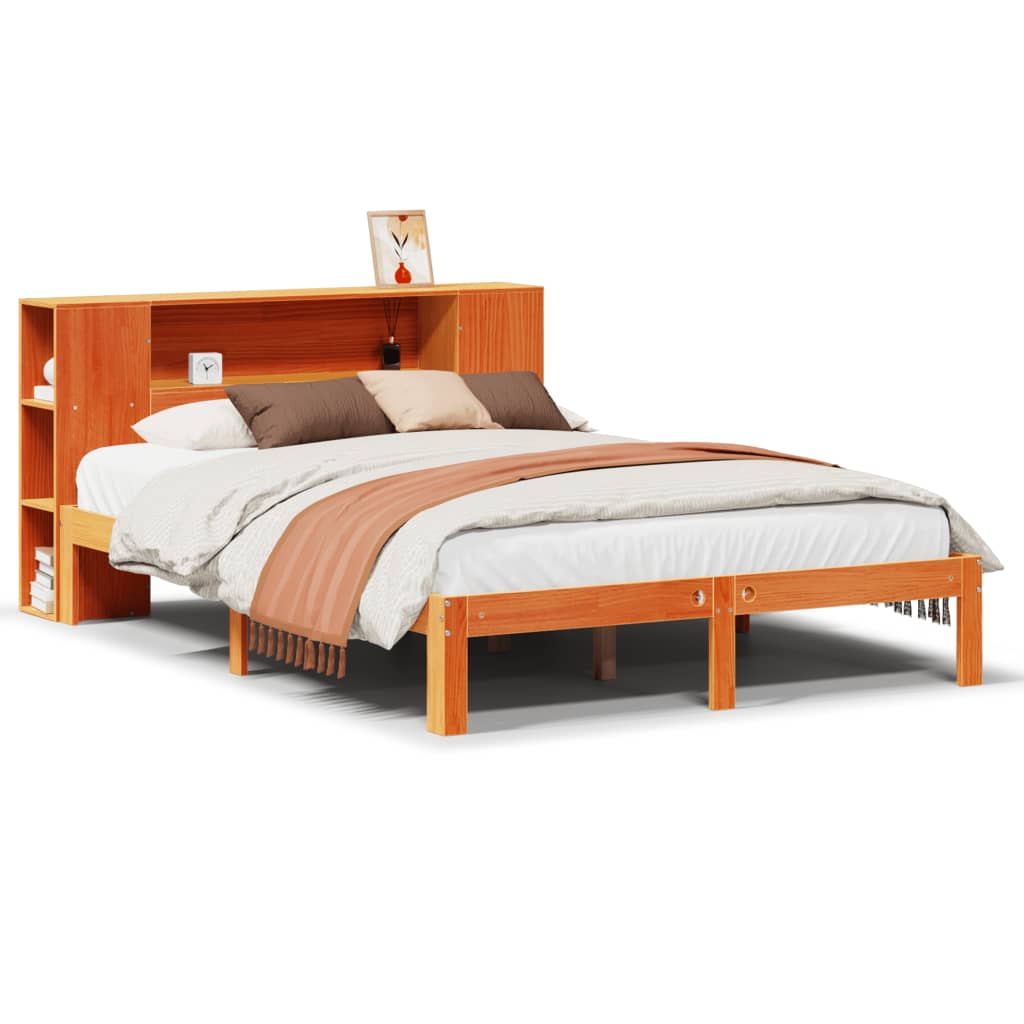 vidaXL Pat cu bibliotecă fără saltea, maro, 120x190 cm, lemn masiv pin vidaXL Pat cu bibliotecă fără saltea, maro, 120x190 cm, lemn masiv pin
