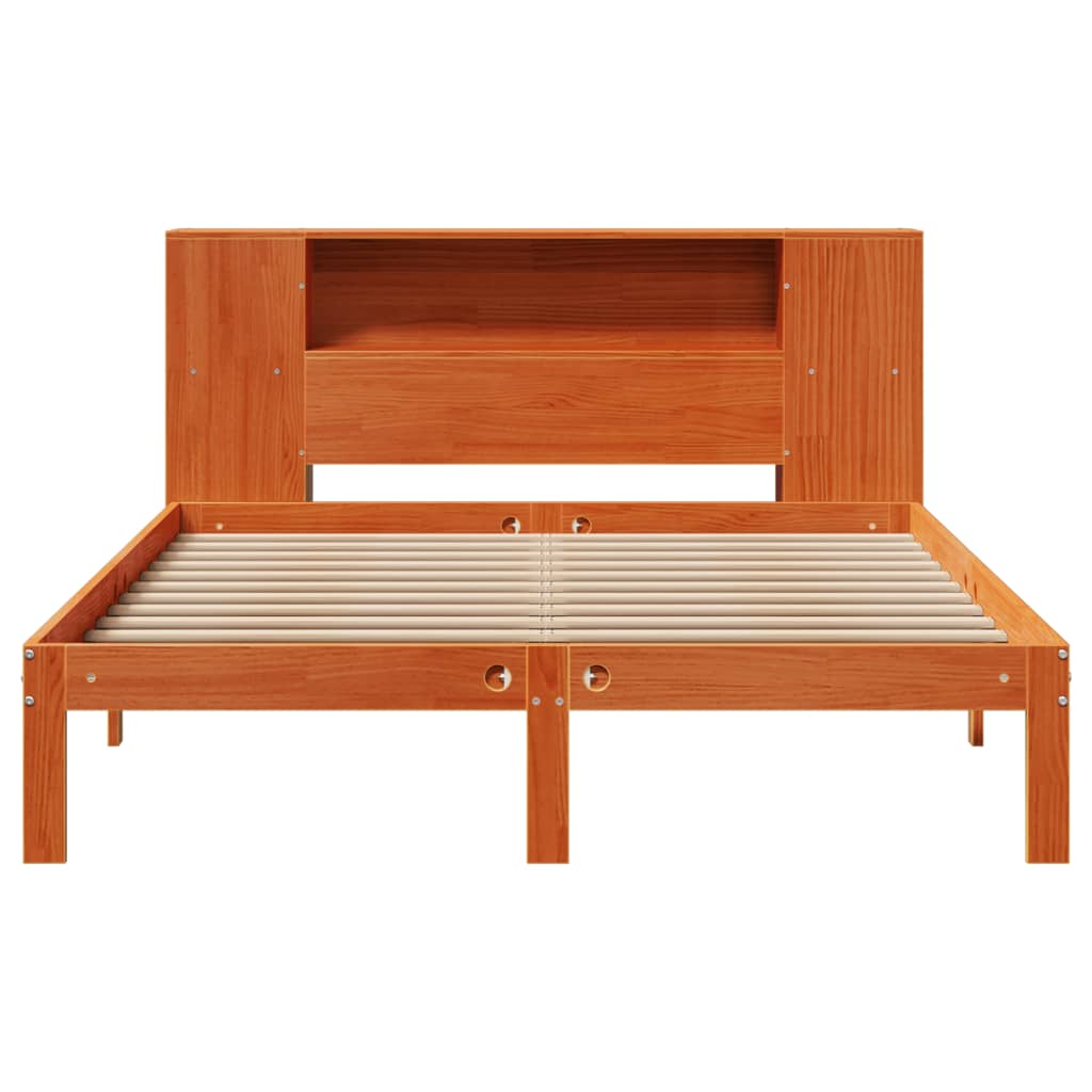 vidaXL Pat cu bibliotecă fără saltea, maro, 120x190 cm, lemn masiv pin vidaXL Pat cu bibliotecă fără saltea, maro, 120x190 cm, lemn masiv pin