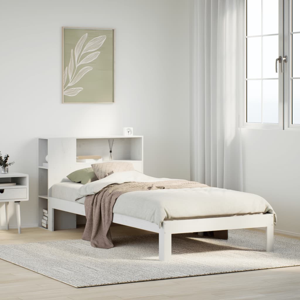 vidaXL Pat cu bibliotecă fără saltea, alb, 75x190 cm, lemn masiv pin vidaXL Pat cu bibliotecă fără saltea, alb, 75x190 cm, lemn masiv pin