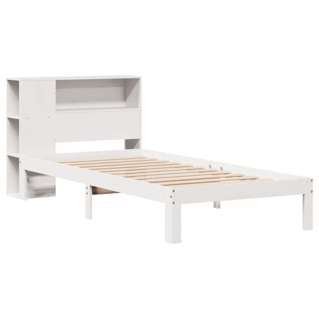 vidaXL Pat cu bibliotecă fără saltea, alb, 100x200 cm, lemn masiv pin vidaXL Pat cu bibliotecă fără saltea, alb, 100x200 cm, lemn masiv pin