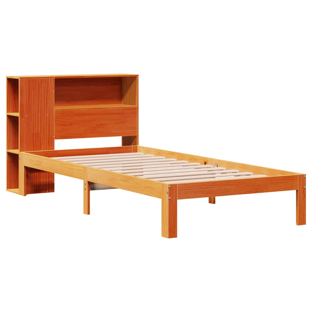 vidaXL Pat cu bibliotecă fără saltea, maro, 100x200 cm, lemn masiv pin vidaXL Pat cu bibliotecă fără saltea, maro, 100x200 cm, lemn masiv pin