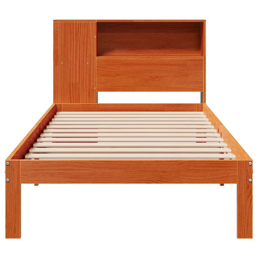 vidaXL Pat cu bibliotecă fără saltea, maro, 100x200 cm, lemn masiv pin vidaXL Pat cu bibliotecă fără saltea, maro, 100x200 cm, lemn masiv pin