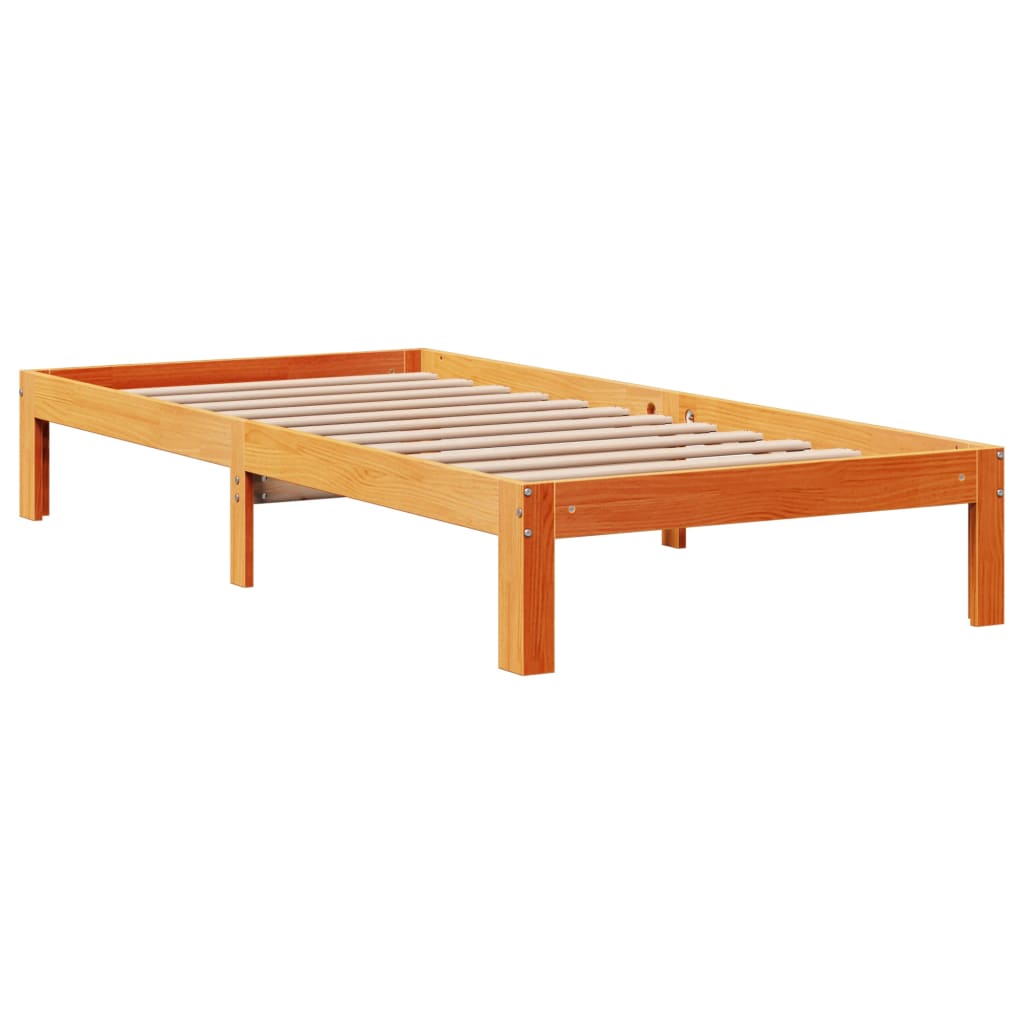 vidaXL Pat cu bibliotecă fără saltea, maro, 100x200 cm, lemn masiv pin vidaXL Pat cu bibliotecă fără saltea, maro, 100x200 cm, lemn masiv pin