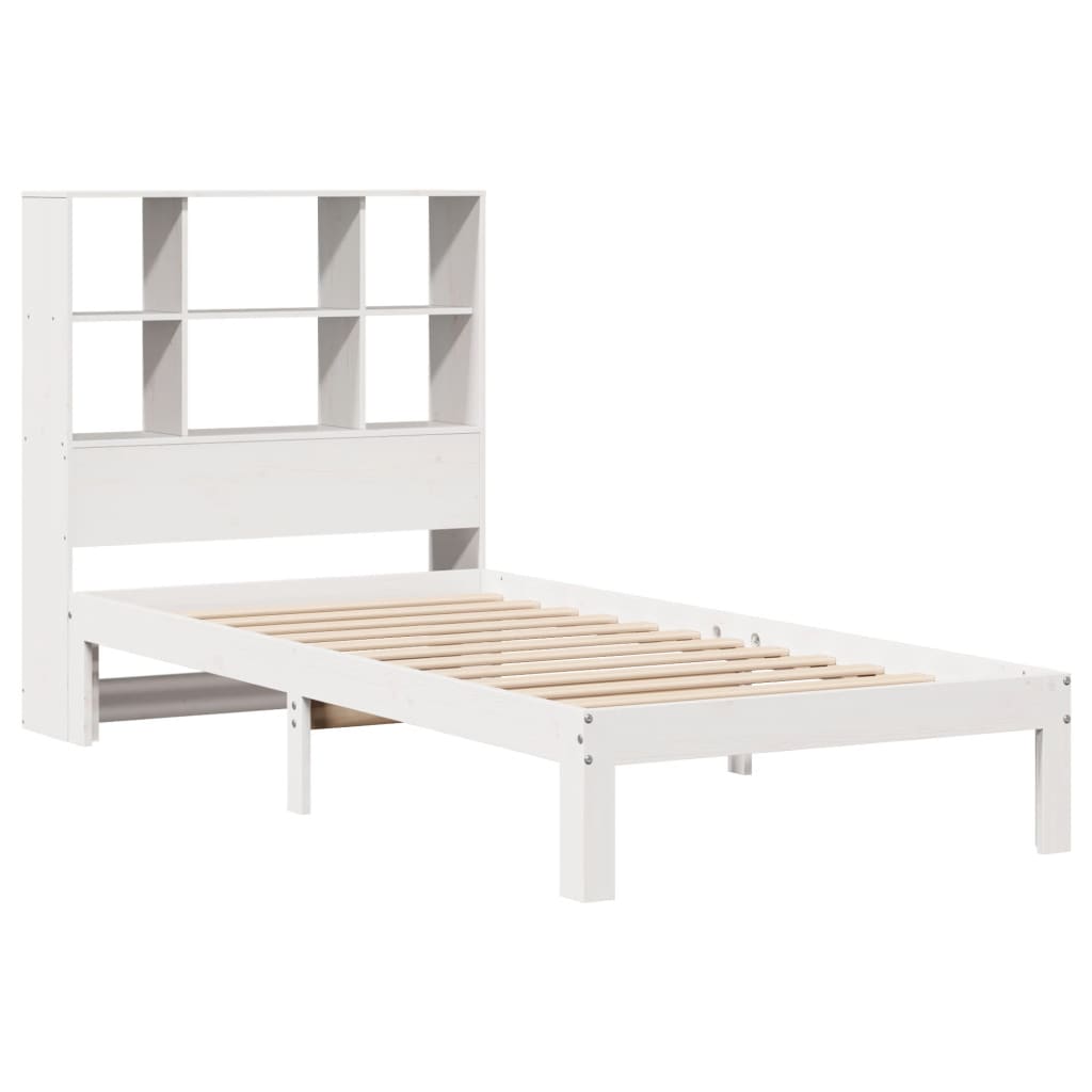 vidaXL Pat cu bibliotecă fără saltea, alb, 90x200 cm, lemn masiv pin vidaXL Pat cu bibliotecă fără saltea, alb, 90x200 cm, lemn masiv pin