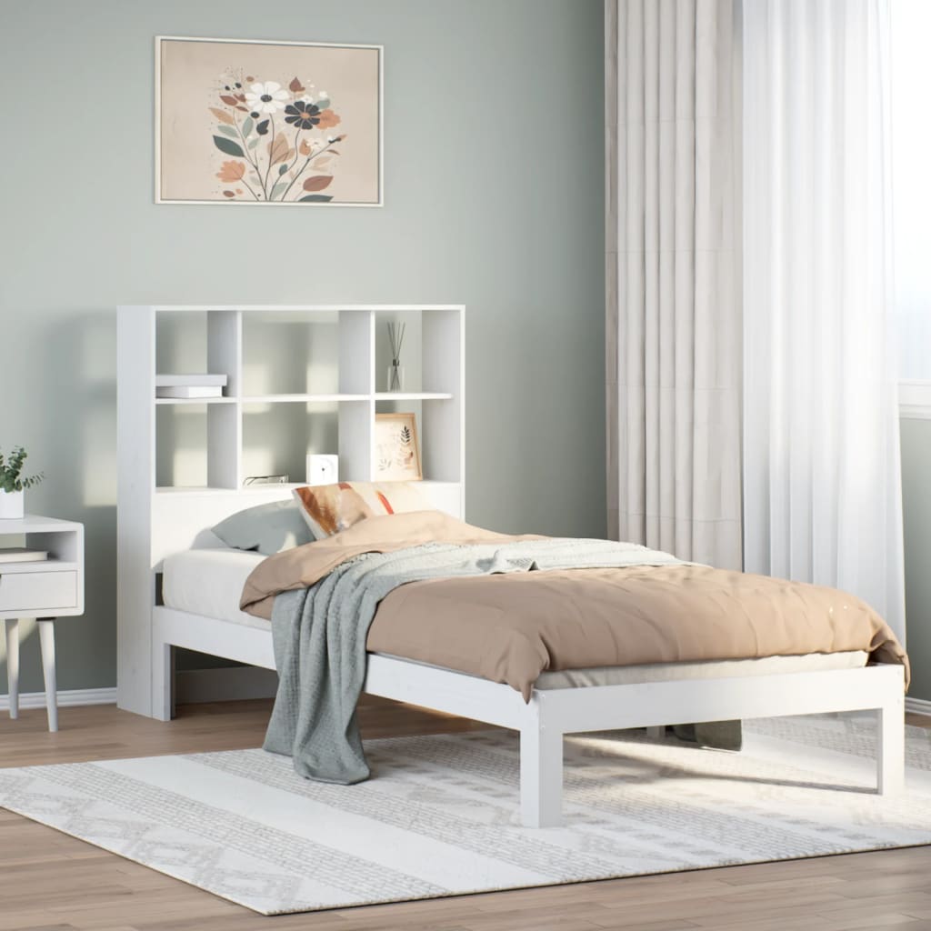 vidaXL Pat cu bibliotecă fără saltea, alb, 90x200 cm, lemn masiv pin vidaXL Pat cu bibliotecă fără saltea, alb, 90x200 cm, lemn masiv pin