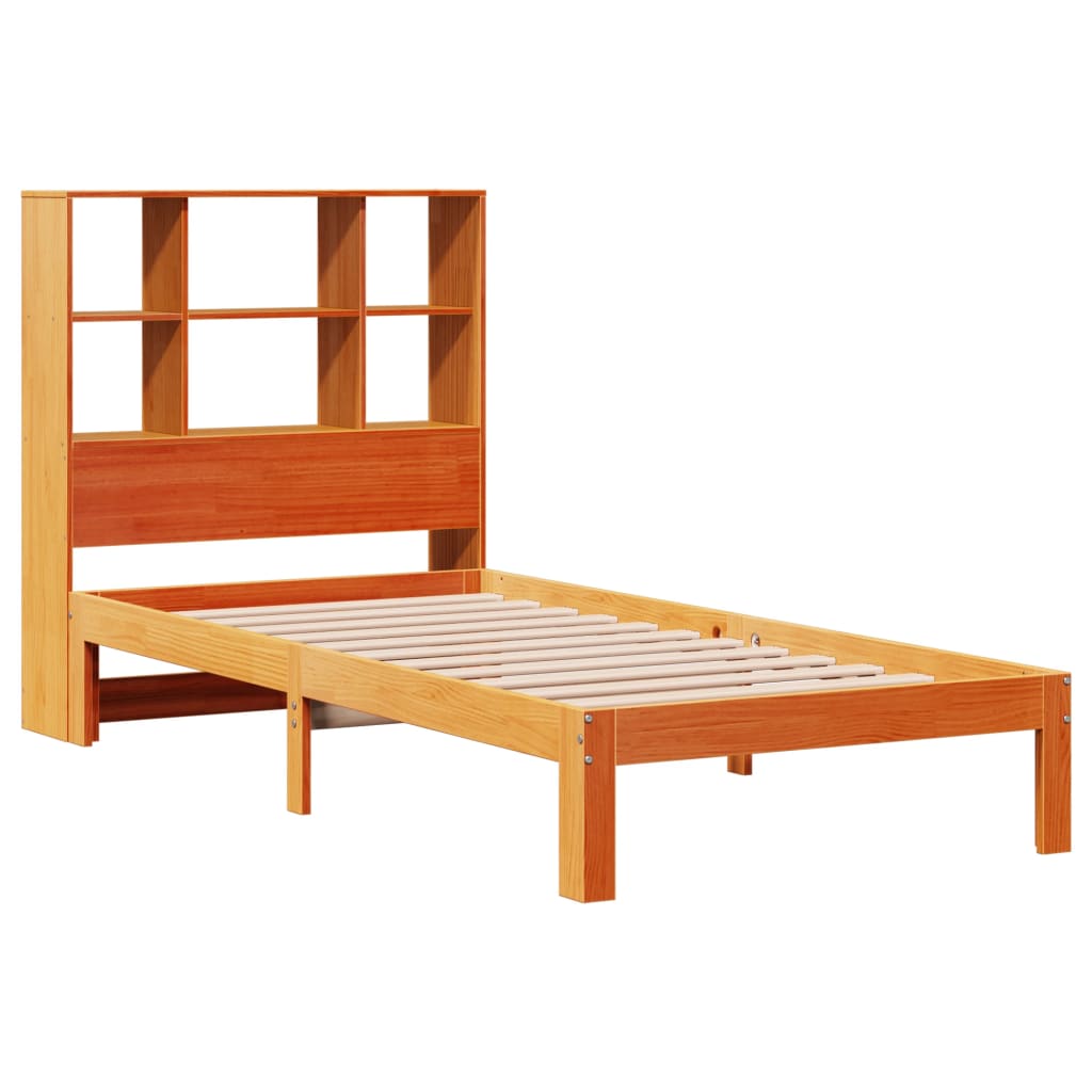 vidaXL Pat cu bibliotecă fără saltea, maro, 90x200 cm, lemn masiv pin vidaXL Pat cu bibliotecă fără saltea, maro, 90x200 cm, lemn masiv pin
