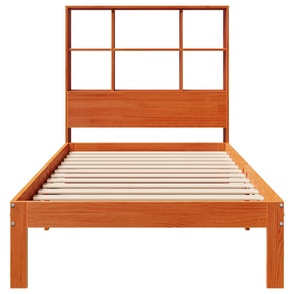 vidaXL Pat cu bibliotecă fără saltea, maro, 90x200 cm, lemn masiv pin vidaXL Pat cu bibliotecă fără saltea, maro, 90x200 cm, lemn masiv pin