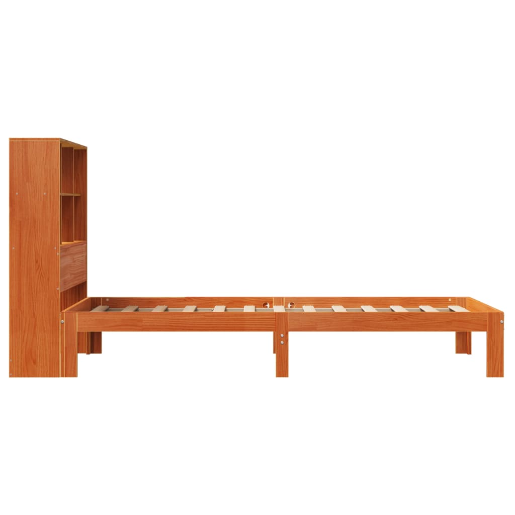vidaXL Pat cu bibliotecă fără saltea, maro, 90x200 cm, lemn masiv pin vidaXL Pat cu bibliotecă fără saltea, maro, 90x200 cm, lemn masiv pin