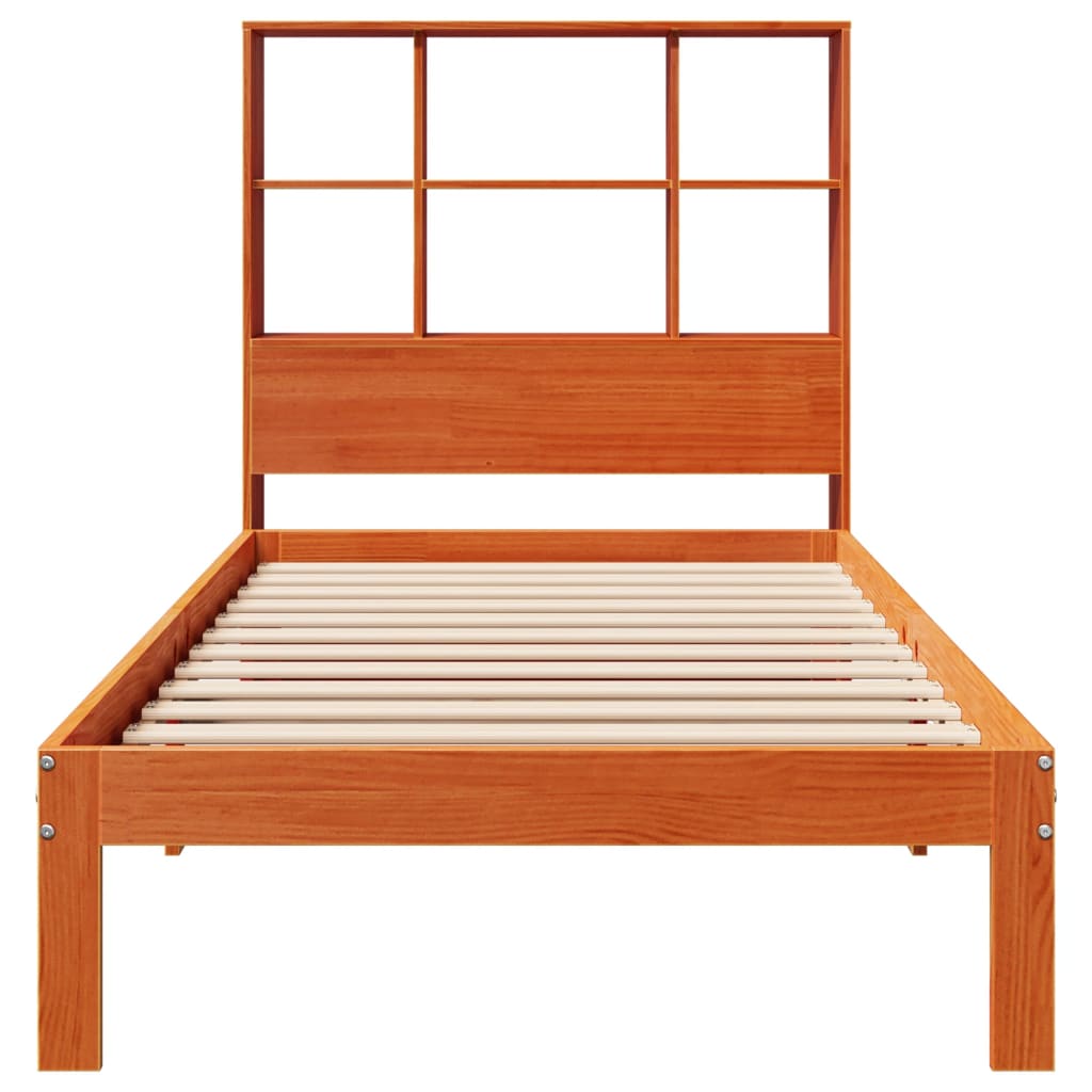 vidaXL Pat cu bibliotecă fără saltea, maro, 100x200 cm, lemn masiv pin vidaXL Pat cu bibliotecă fără saltea, maro, 100x200 cm, lemn masiv pin
