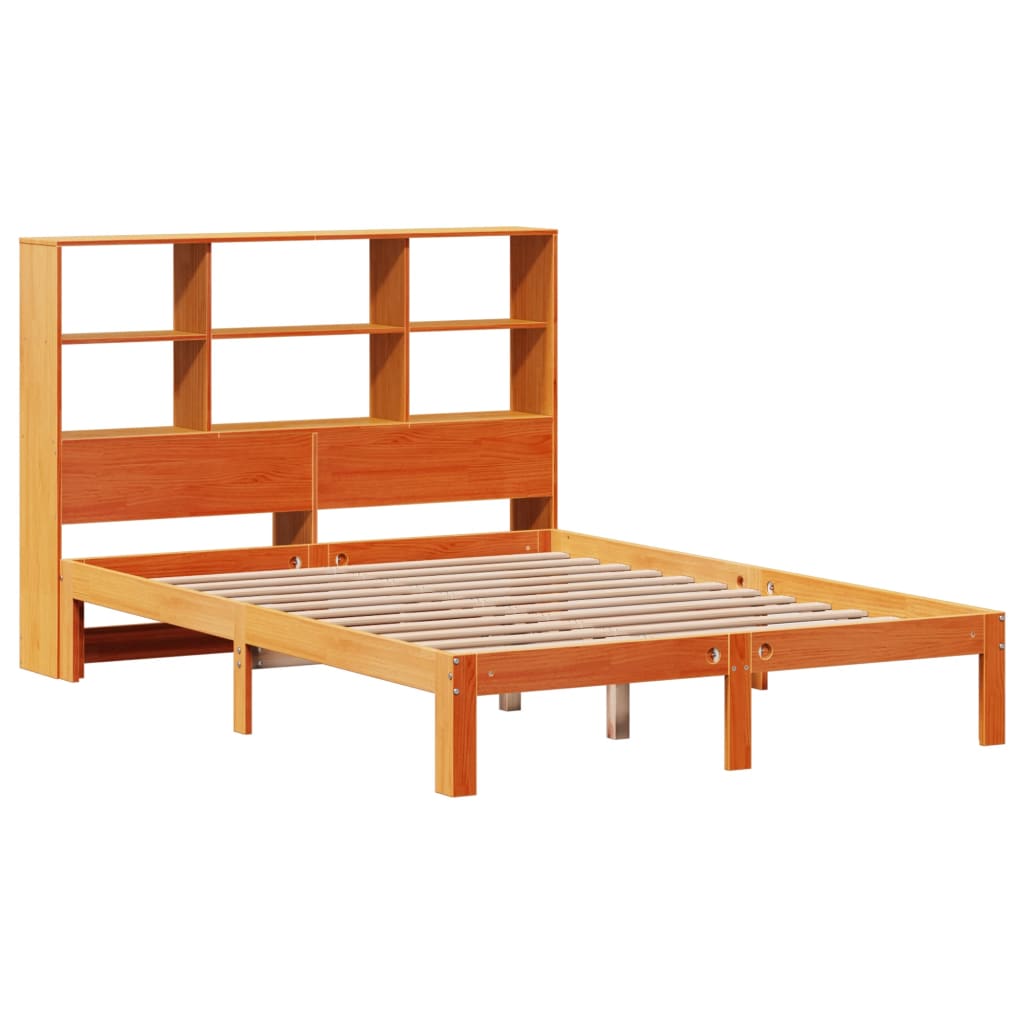 vidaXL Pat cu bibliotecă fără saltea, maro, 120x200 cm, lemn masiv pin vidaXL Pat cu bibliotecă fără saltea, maro, 120x200 cm, lemn masiv pin