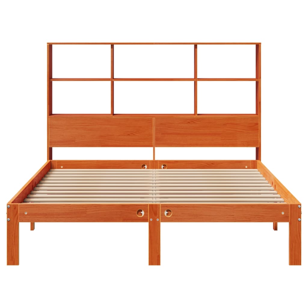 vidaXL Pat cu bibliotecă fără saltea, maro, 120x200 cm, lemn masiv pin vidaXL Pat cu bibliotecă fără saltea, maro, 120x200 cm, lemn masiv pin