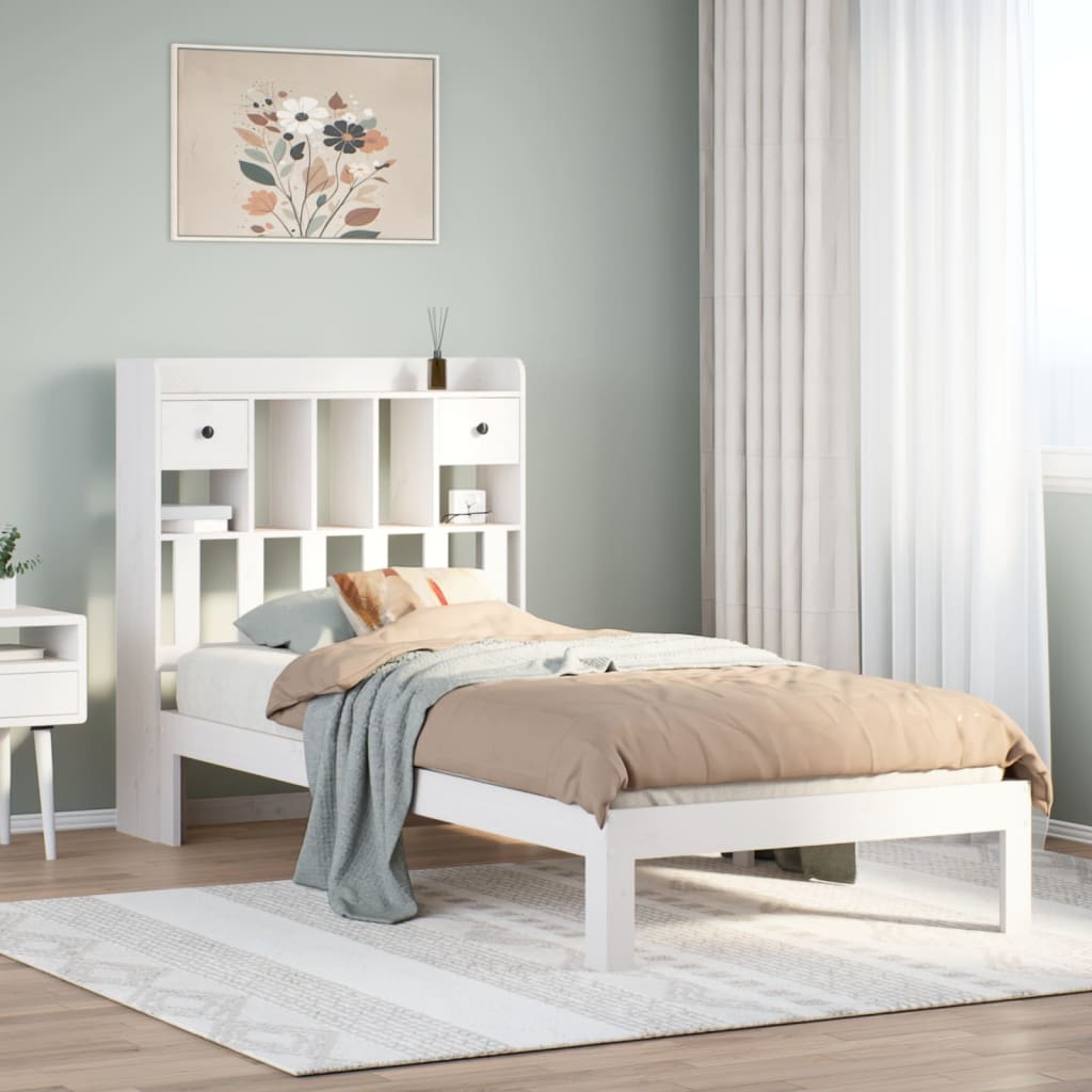 vidaXL Pat cu bibliotecă fără saltea, alb, 75x190 cm, lemn masiv pin vidaXL Pat cu bibliotecă fără saltea, alb, 75x190 cm, lemn masiv pin