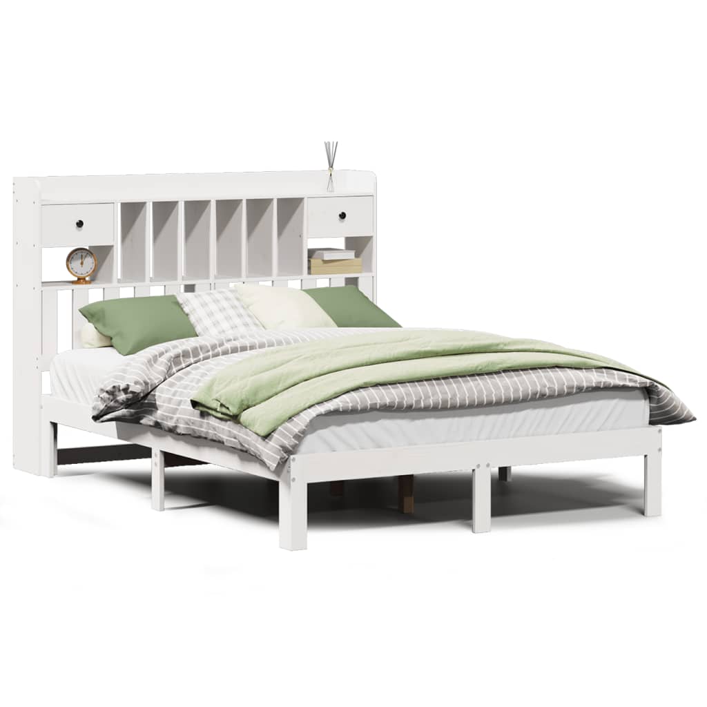 vidaXL Pat cu bibliotecă fără saltea, alb, 135x190 cm, lemn masiv pin vidaXL Pat cu bibliotecă fără saltea, alb, 135x190 cm, lemn masiv pin