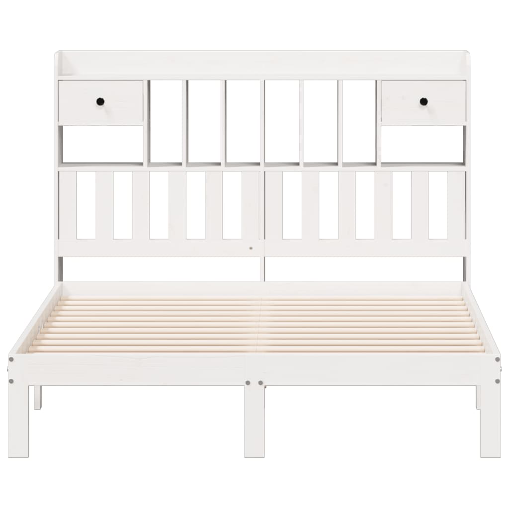 vidaXL Pat cu bibliotecă fără saltea, alb, 135x190 cm, lemn masiv pin vidaXL Pat cu bibliotecă fără saltea, alb, 135x190 cm, lemn masiv pin