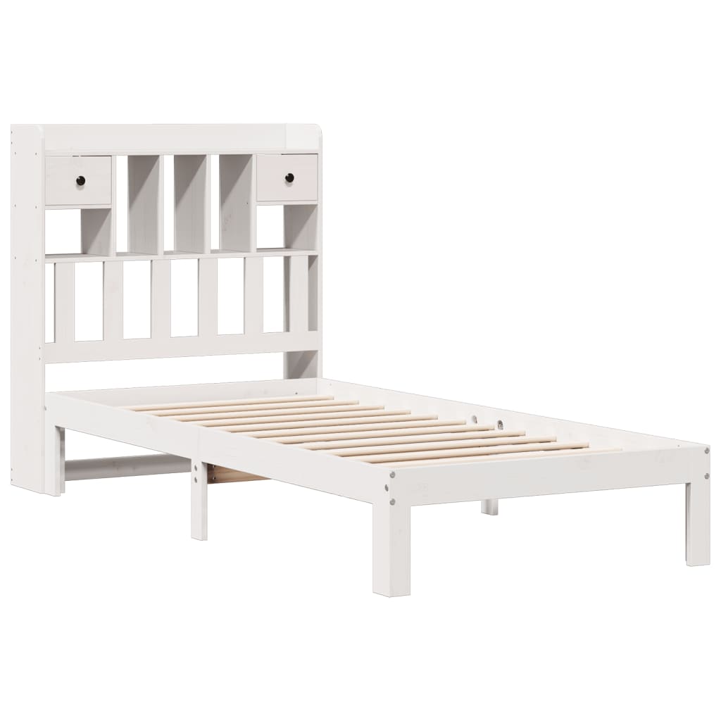 vidaXL Pat cu bibliotecă fără saltea, alb, 90x200 cm, lemn masiv pin vidaXL Pat cu bibliotecă fără saltea, alb, 90x200 cm, lemn masiv pin