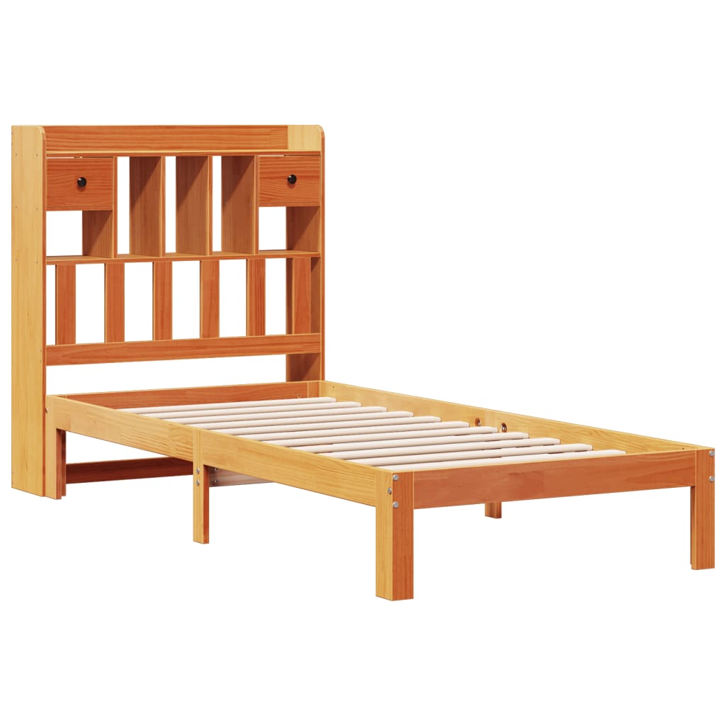 vidaXL Pat cu bibliotecă fără saltea, maro, 100x200 cm, lemn masiv pin vidaXL Pat cu bibliotecă fără saltea, maro, 100x200 cm, lemn masiv pin