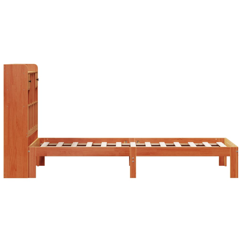 vidaXL Pat cu bibliotecă fără saltea, maro, 100x200 cm, lemn masiv pin vidaXL Pat cu bibliotecă fără saltea, maro, 100x200 cm, lemn masiv pin