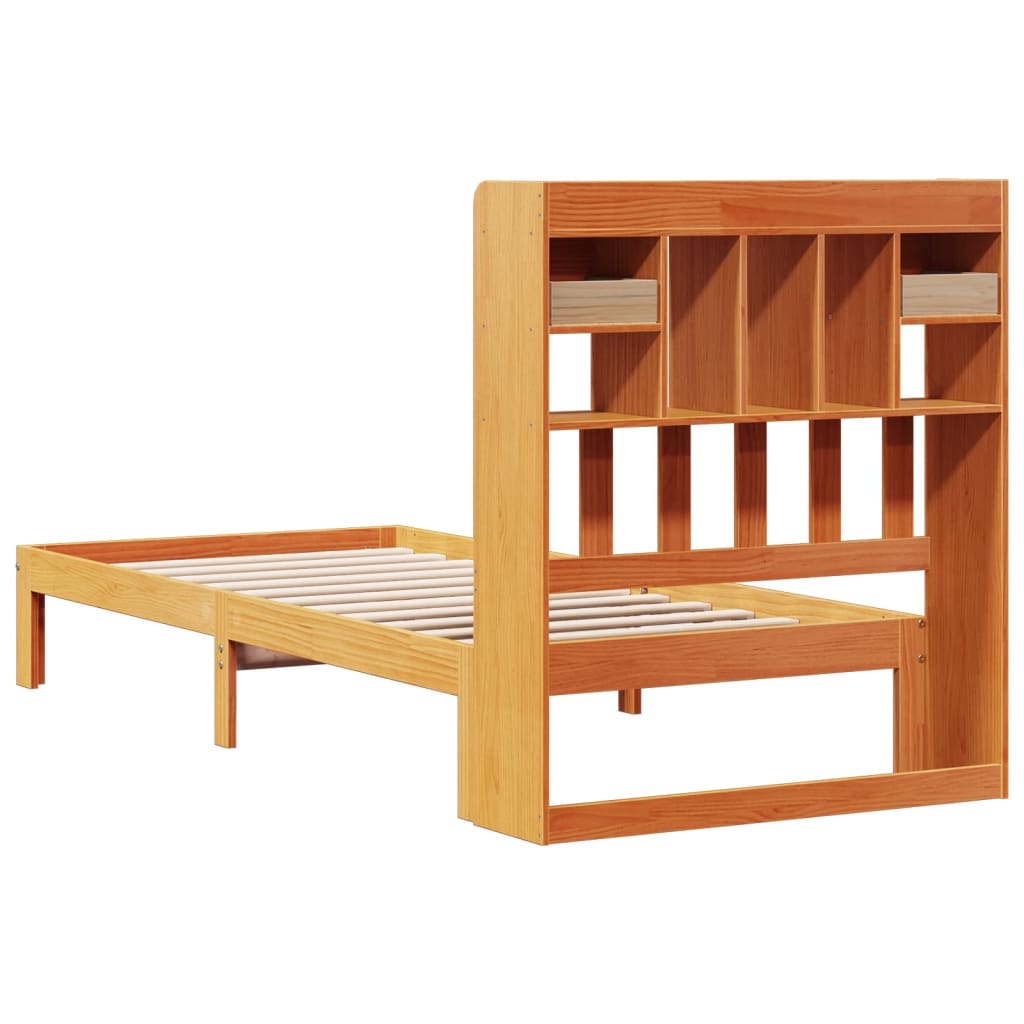vidaXL Pat cu bibliotecă fără saltea, maro, 100x200 cm, lemn masiv pin vidaXL Pat cu bibliotecă fără saltea, maro, 100x200 cm, lemn masiv pin