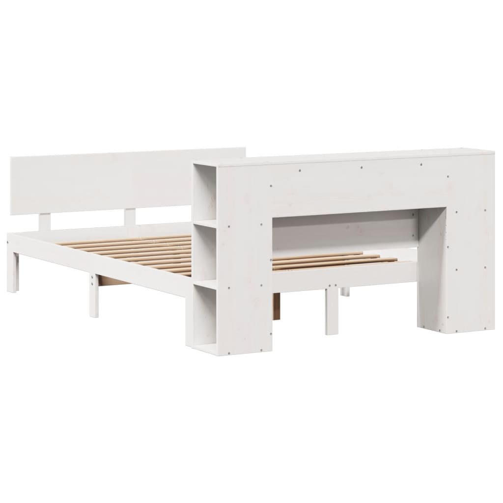 vidaXL Pat cu bibliotecă fără saltea, alb, 140x200 cm, lemn masiv pin vidaXL Pat cu bibliotecă fără saltea, alb, 140x200 cm, lemn masiv pin