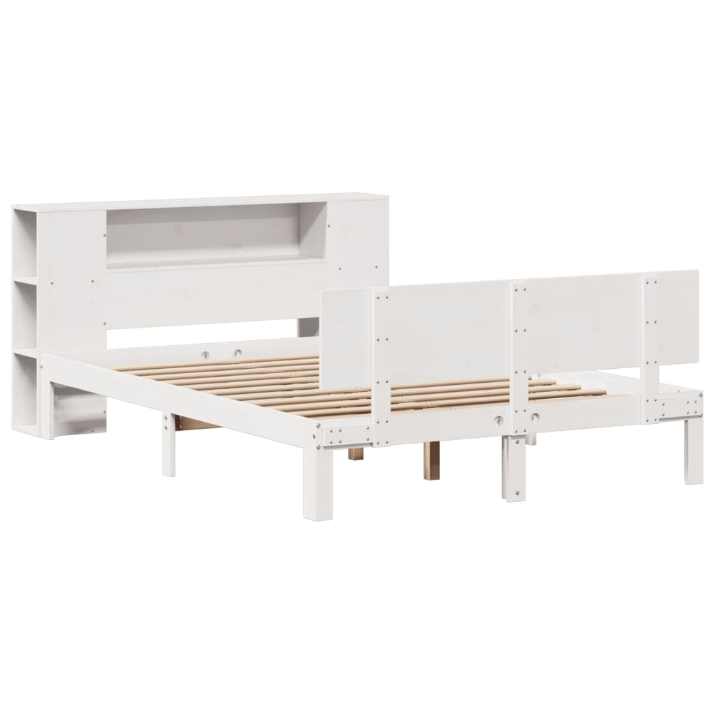 vidaXL Pat cu bibliotecă fără saltea, alb, 150x200 cm, lemn masiv pin vidaXL Pat cu bibliotecă fără saltea, alb, 150x200 cm, lemn masiv pin