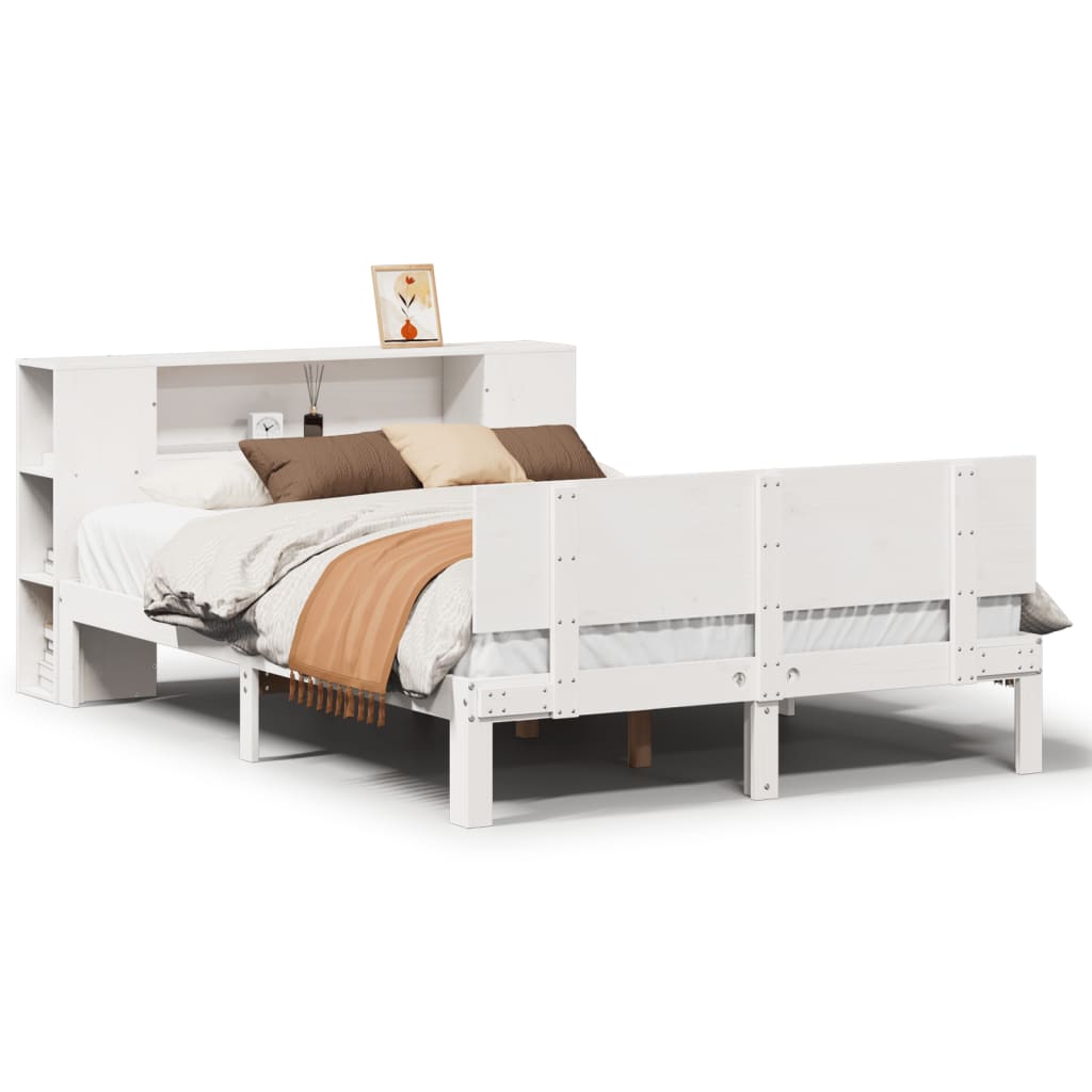 vidaXL Pat cu bibliotecă fără saltea, alb, 160x200 cm, lemn masiv pin vidaXL Pat cu bibliotecă fără saltea, alb, 160x200 cm, lemn masiv pin