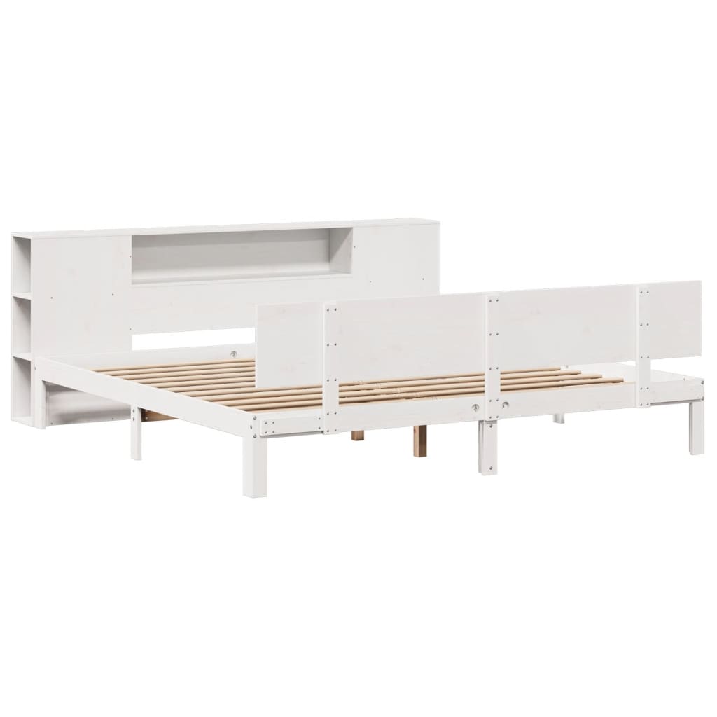 vidaXL Pat cu bibliotecă fără saltea, alb, 200x200 cm, lemn masiv pin