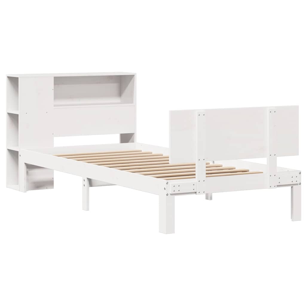 vidaXL Pat cu bibliotecă fără saltea, alb, 75x190 cm, lemn masiv pin vidaXL Pat cu bibliotecă fără saltea, alb, 75x190 cm, lemn masiv pin