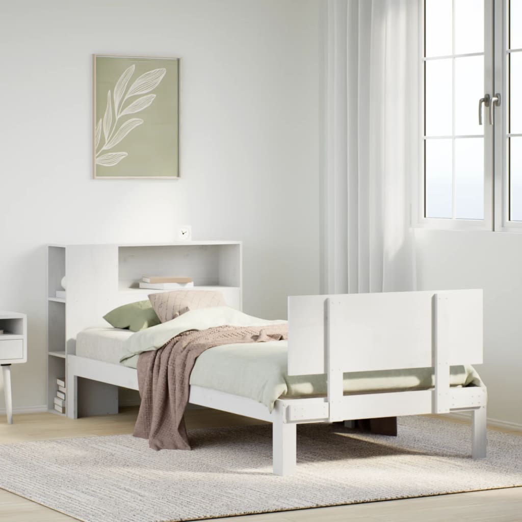vidaXL Pat cu bibliotecă fără saltea, alb, 75x190 cm, lemn masiv pin vidaXL Pat cu bibliotecă fără saltea, alb, 75x190 cm, lemn masiv pin