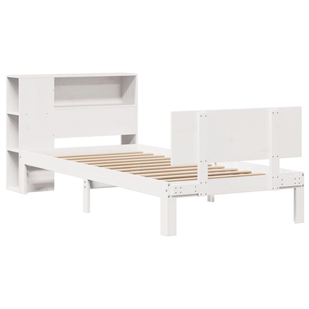 vidaXL Pat cu bibliotecă fără saltea, alb, 100x200 cm, lemn masiv pin vidaXL Pat cu bibliotecă fără saltea, alb, 100x200 cm, lemn masiv pin