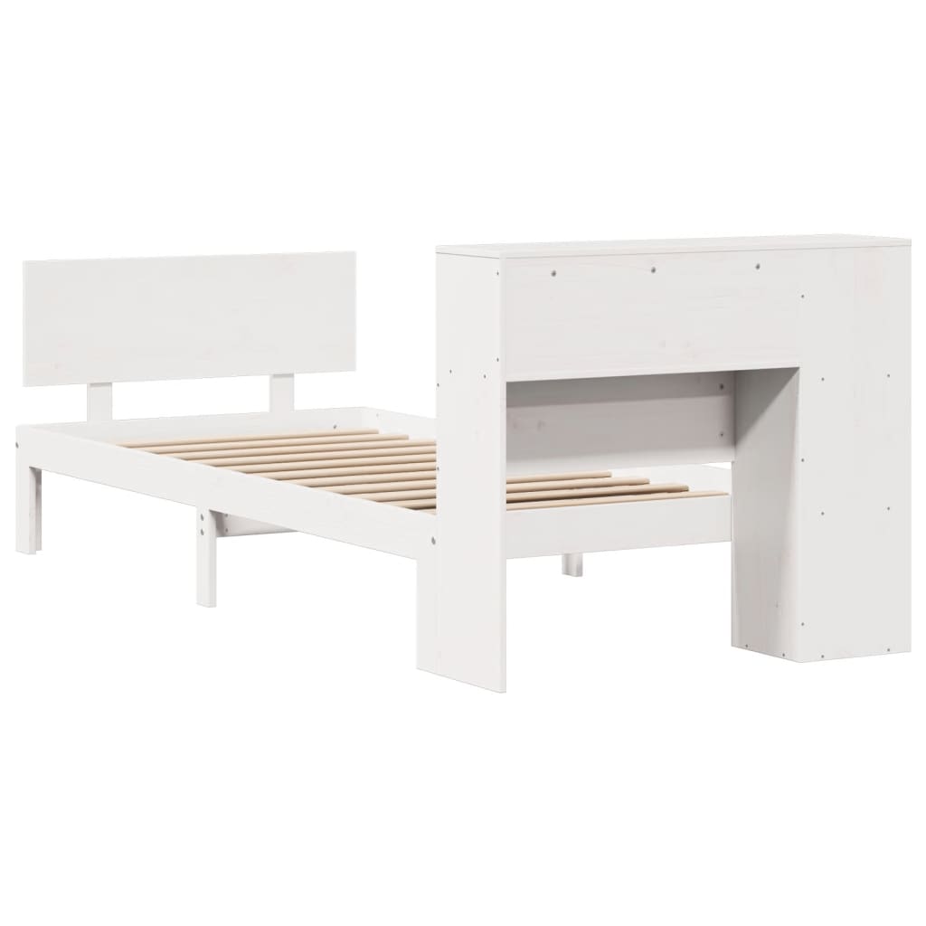 vidaXL Pat cu bibliotecă fără saltea, alb, 100x200 cm, lemn masiv pin vidaXL Pat cu bibliotecă fără saltea, alb, 100x200 cm, lemn masiv pin